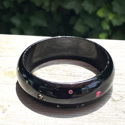2.5'' D  Black w Multi Color Gems Bangle Bracelet Vintage