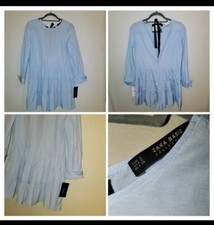 Zara Powdered Blue   Baby Doll Tiered Romper   Long Sleeve    Tie Back   Size S NWT
