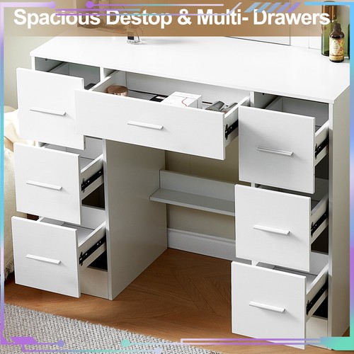 Modern Dresser Desk with 7 Drawers and Shelves 10 LED Lighted Mirror UK - Picture 6 of 9