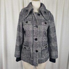 Green With Envy Wool Plaid Field Jacket Peacoat Womens M Black & White Belted