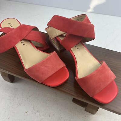 Katy Perry The Albee Sandals Open Toe Suede Straw Heel Ankle Strap Scarlet 8.5M