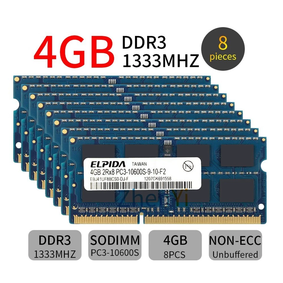 Elpida 32GB 16GB 8GB 4GB PC3-10600S DDR3 1333MHz 204Pin SODIMM Laptop RAM LOT AB - Image 2 of 4