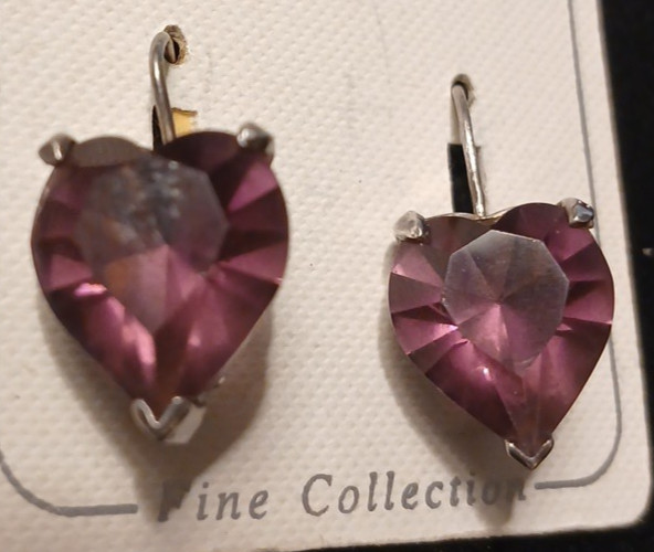 Heart-Shaped 1" Dangle Silver-Tone Simulated Amet… - image 1