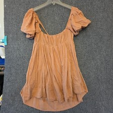 Boho Dress Womens M Orange Puff Sleeve Backless Trapeze Swing Sundress Short