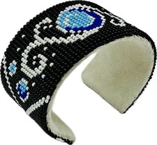 Handmade Beaded Black White Leather Hard Cuff Bracelet