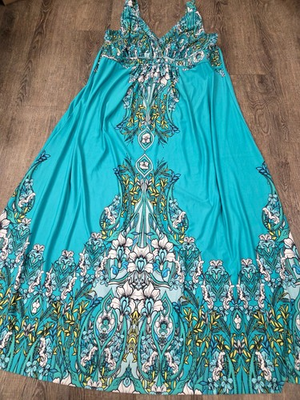 #ad Beverly Drive Plus Size 1x Aqua Black Yellow Flowy Sleeveless Maxi Dress Long $12.99