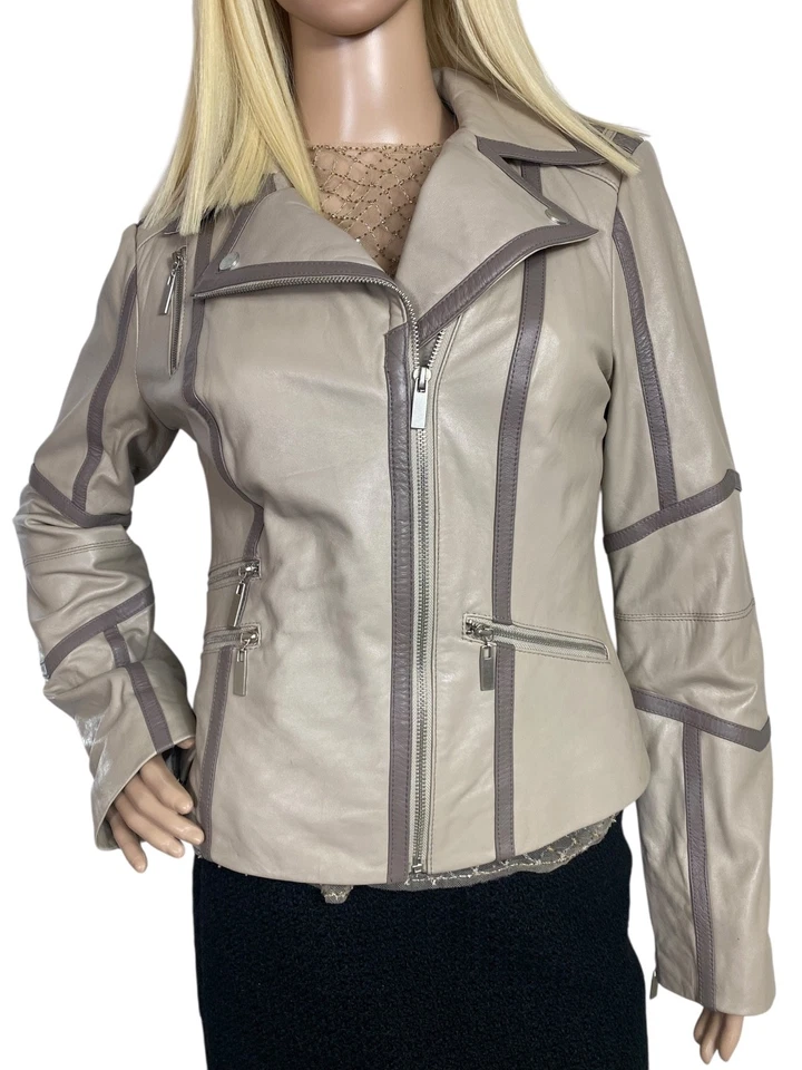 Jaqueta de Moto Bebe M EUA 8 Rara Retrô Bege/Taupe Detalhes de Zíperes de Couro $225,00 - Imagem 4 de 4