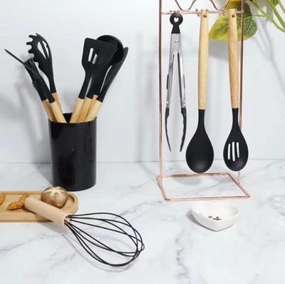 Silikon Küchenhelfer , Kitchen utensils Set 12 Teilig Holzgriff Kochbesteck