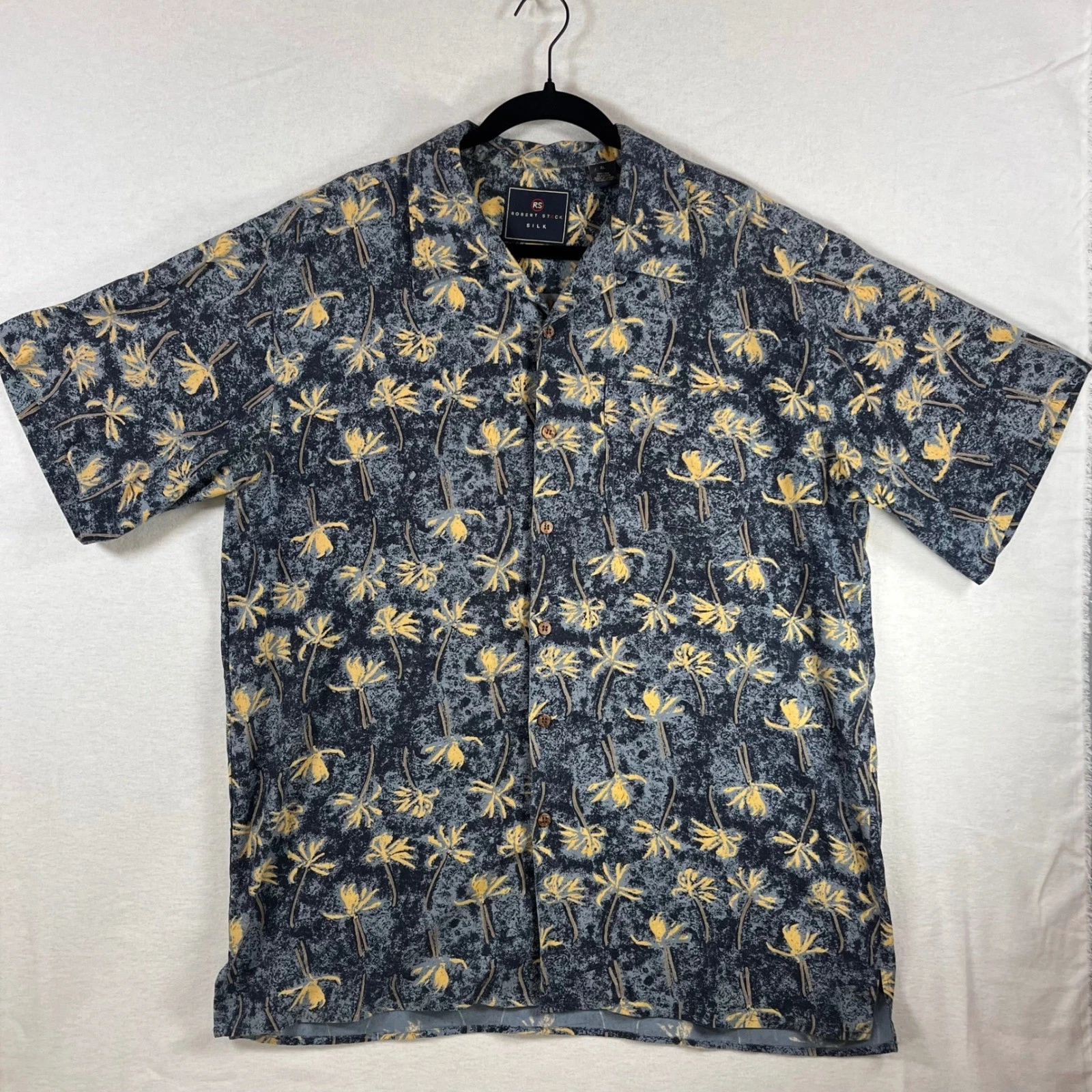 Robert Stock 100% Silk Hawaiian Shirt Mens XL Palm Tree Camp Collar Blue Yellow