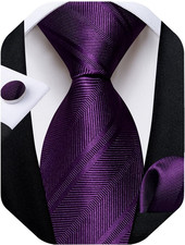 Mens Tie Set Silk Solid Paisley Necktie and Pocket Square Dark Purple