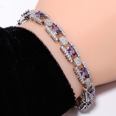 Purple Amethyst, CZ 925 Sterling Silver Adjustable Bracelet 7-8'' B140521