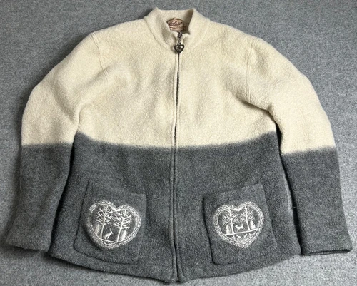 OFF WHITE Woolrich donna lana media full zip bianco sporco e grigio ricamato cuore vintage