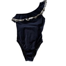 J.Crew One Shoulder Swimsuit Ruffle Trim Navy Blue One Piece Size 4