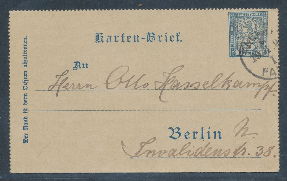 Privatpost, 3 Pf. Ganzsache-Karten-Brief Berliner Packetfahrt gelaufen. - Bild 1 von 1