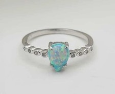 925 Sterling Silver, Rhodium Plated Blue-Green Australian Opal Teardrop Ring, 7
