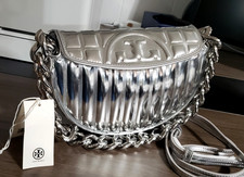 Tory Burch Fleming Soft Metallic Quilt Mini Crescent Bag Silver Size OS