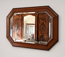 Octagon Wood Framed Wall Mirror Brown Stained Frame Chain Hanger Horizontal