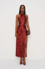 Reformation “Emeline” Red Floral Satin Halter Backless Side Slit Dress, Size 4