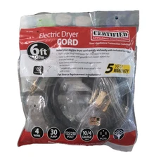 Certified Appliance Accessories Electric Dryer Cord 6ft 4 Wire 30amp 125/250v