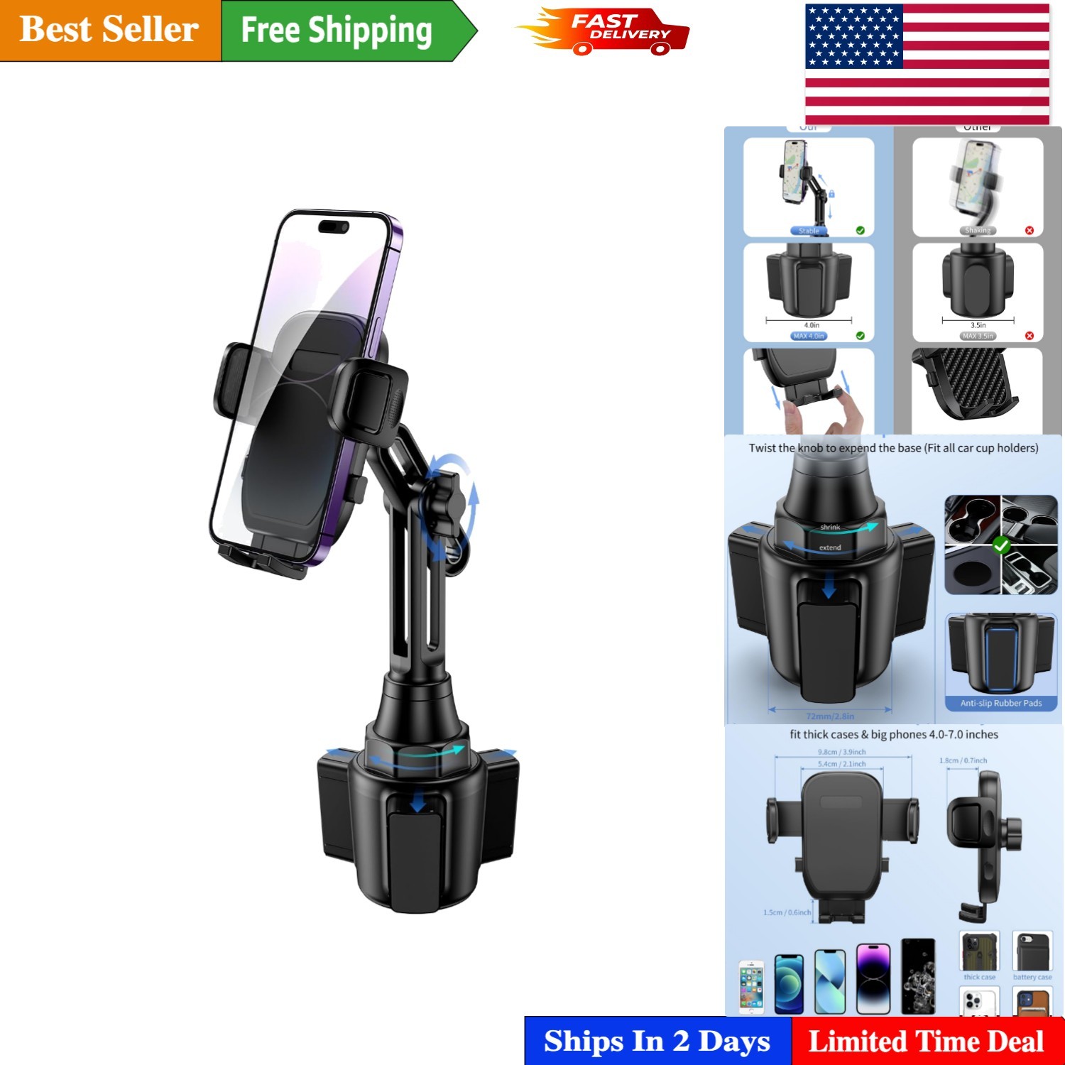 Stable and Secure Cup Mount for Smart Phones - Easy One-Hand