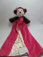 Monkey Baby Lovey Security Blanket Brown/Pink /Satin Yellow Poka Dots