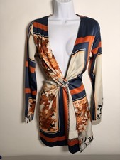 Fashion Nova Baroque Floral Satin Tie Front Wrap Mini Dress Navy Orange S