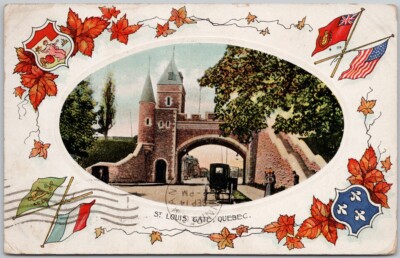 St Louis Gate Quebec QC Canada Patriotic Maple Leaf Flags c1914 Postcard H64