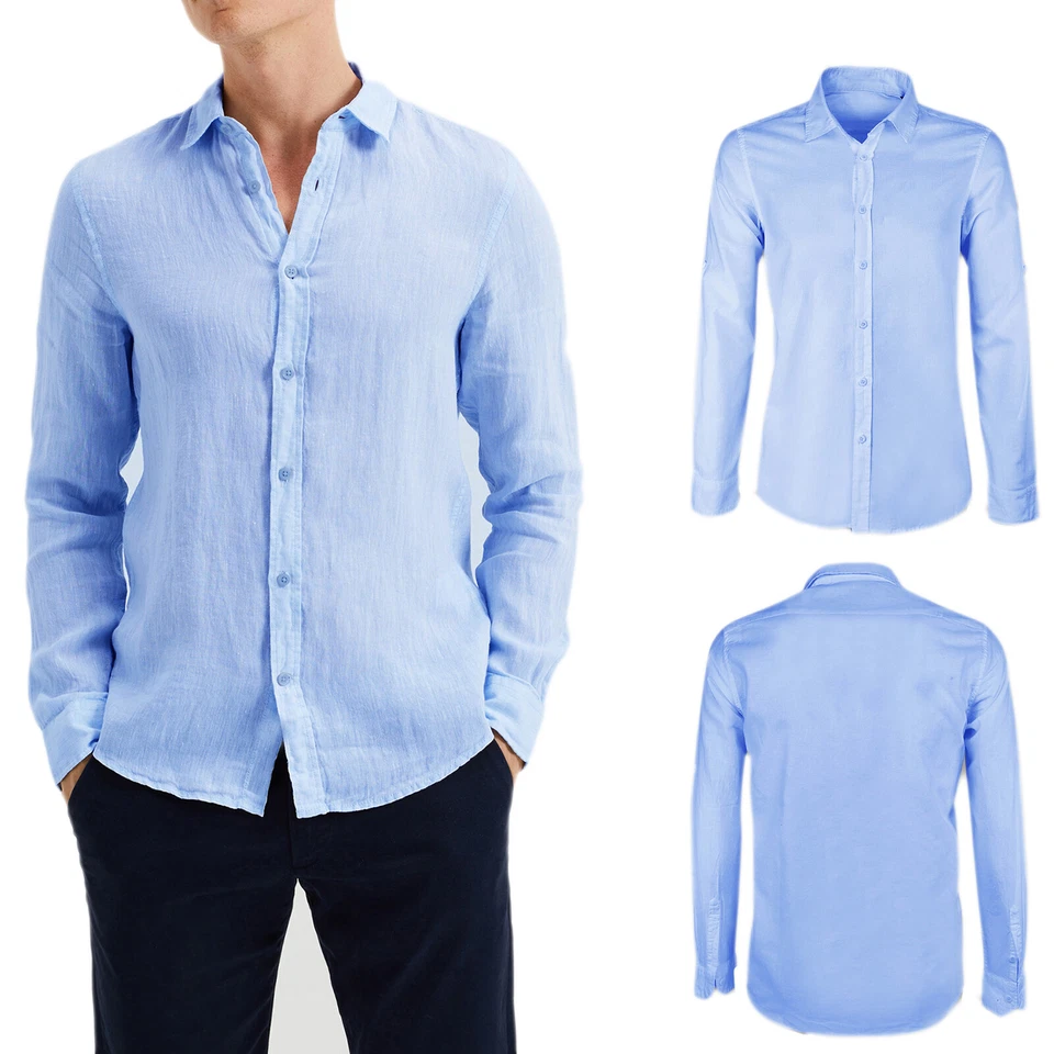Camicia Lino Uomo Casual Camicie Manica Lunga Slim Fit Bianca Celeste VEQUE - Immagine 3 di 4
