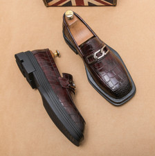 British Square Toe Slip On print Formal Dress Men's Faux Leather Shoes