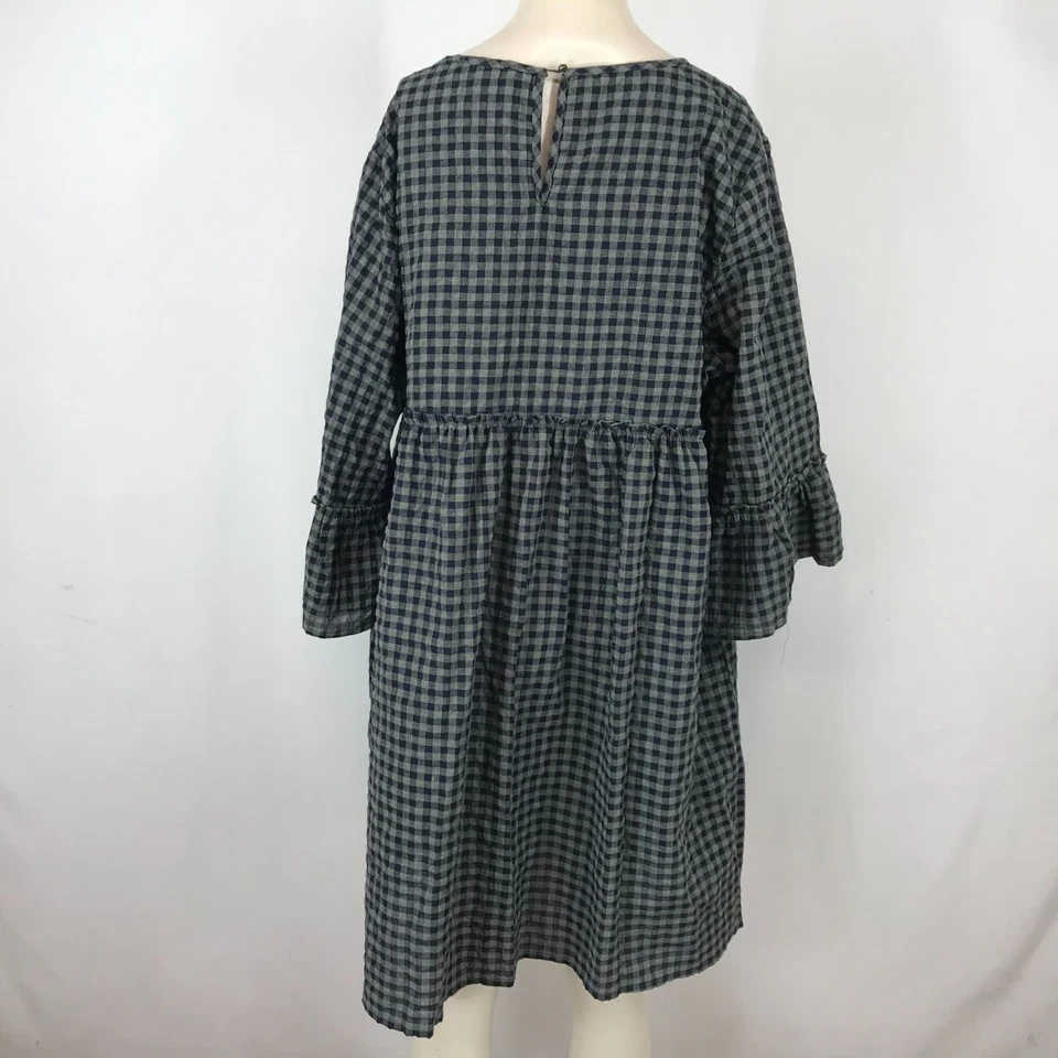 SUZANNE BETRO - WOMEN'S 2X - NAVY/GRAY CHECK BELL SLEEVE ROUND NECK COTTON DRESS - Image 3 of 4