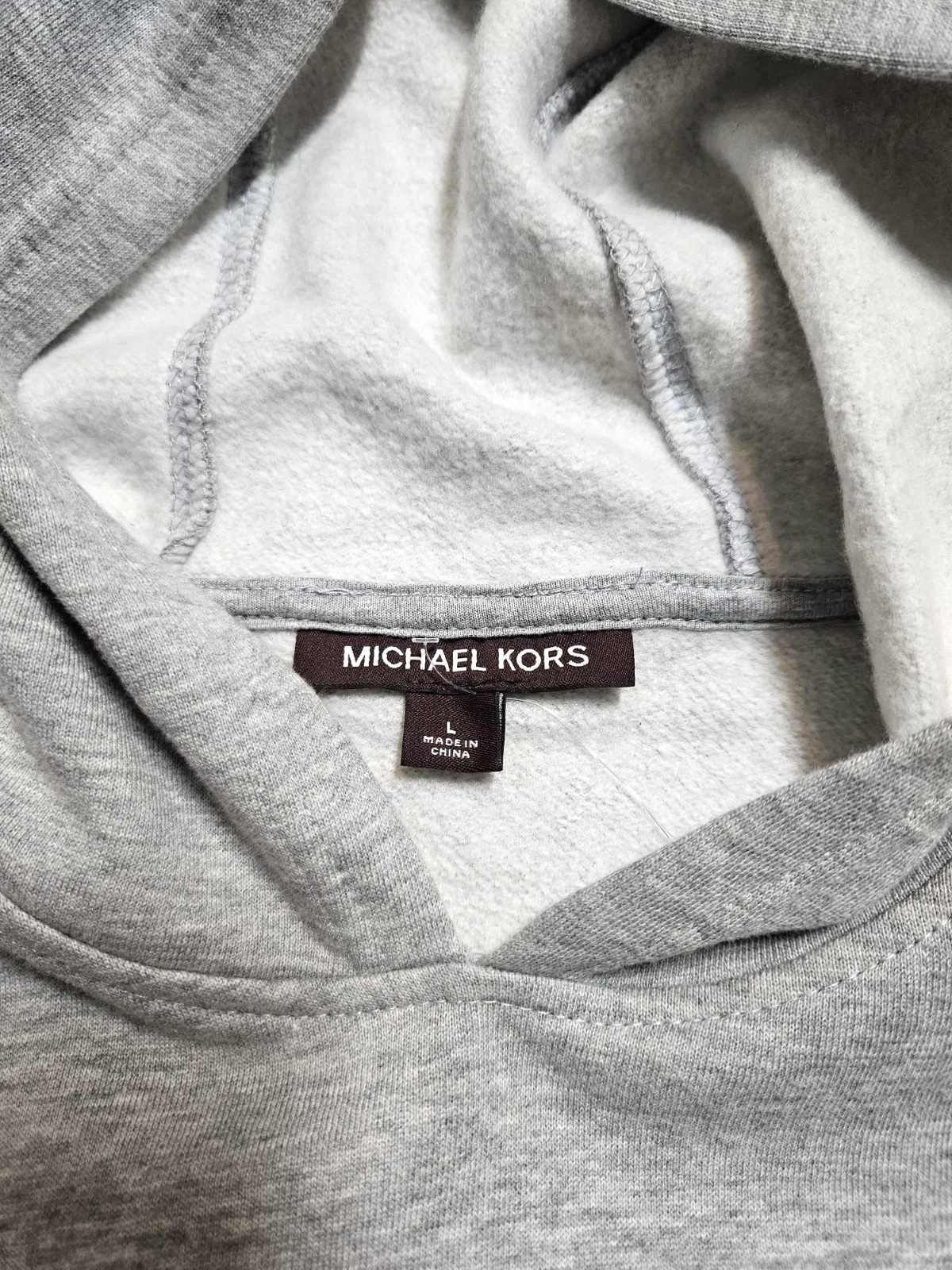 Felpa con cappuccio uomo Michael Kors in pile con logo taglia L aderente grigia nuova