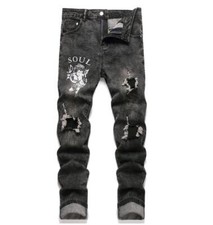 Men's Black Denim Jeans Stretch Hip Hop Printed Slim Fit Punk Hip Hop Pants New