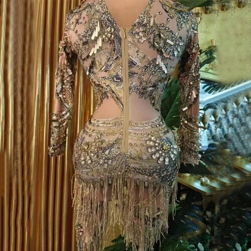 Luxury Sequin Print Fringes Crystal Rhinestones Gold Jumpsuit Women Dancer Stage - Imagem 3 de 4