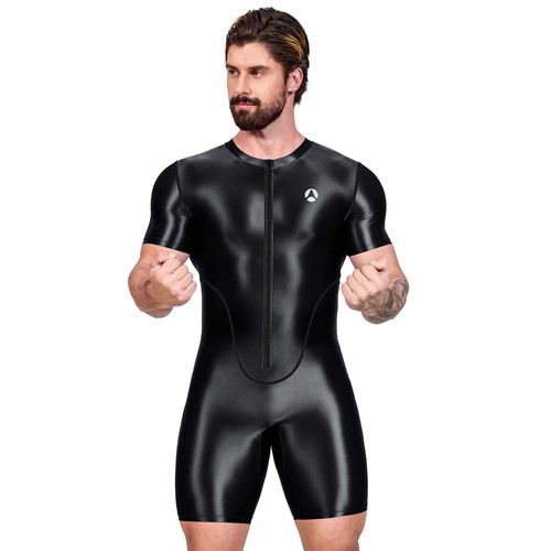 AMORESY Men Oil Satin Tracksuits Running Short Sleeve Bodysuits Fitness Leotards - Picture 27 of 29