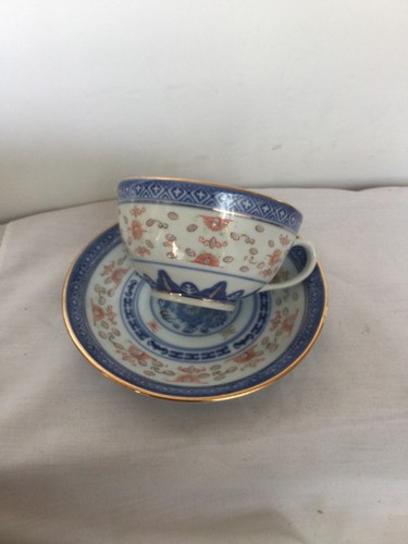 Vintage Chinese Tea Cup & Saucer Set Rice Blue White Linglong Dragon Multicolor - Picture 7 of 20