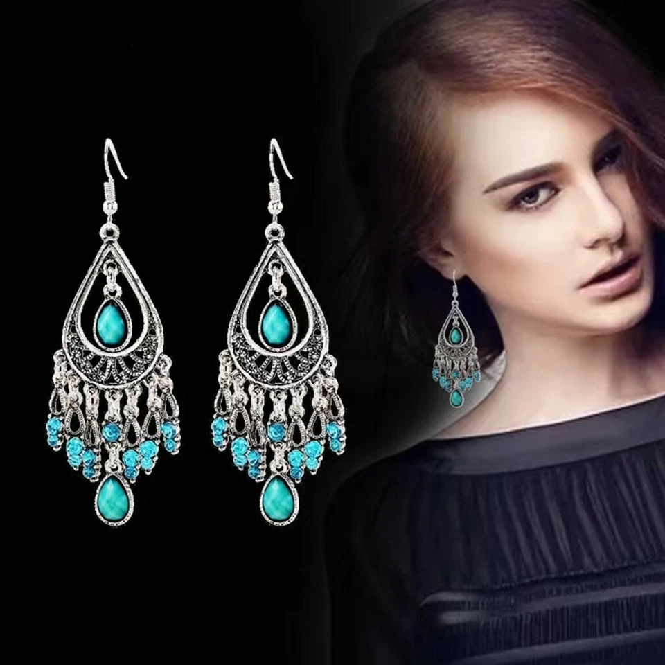 Women Jewelry Antique Earrings Turquoise Crystal Tassel Stud Teardrop Style 1399 - Image 2 of 4
