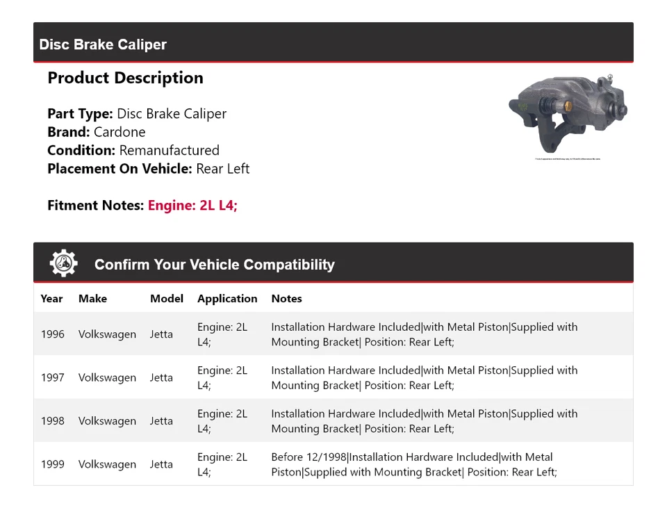 Pinza de freno de disco trasera izquierda cardone 1997 para Volkswagen Jetta 1996-1999 2L L4 Foto 2 de 4