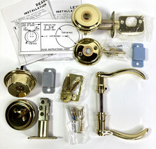 Swinging Patio Door Lever Lock Set with Deadbolt Lock Cylinder and Keys Brass