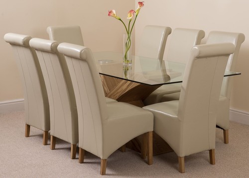 Valencia Large Oak 200cm Modern Glass Dining Table & 8 Brown Leather Chairs