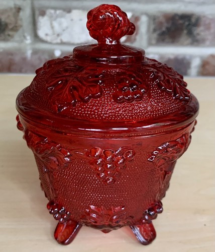Vintage Jeanette "Harvest Grape" Red Flashed Glass Footed Covered Candy Dish EUC