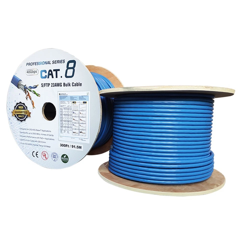 300FT CAT8 40Gbps Network LAN Ethernet S/FTP Cable Solid Wire Bulk 23AWG Blue - Image 2 of 2