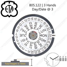 Genuine ETA 805.122 Watch Movement Swiss 3 Hands, Date/Day at 3