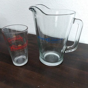 48 oz. Heavy Glass Bud Light Pitchers w/ Handle + 14 oz. Budweiser Glass