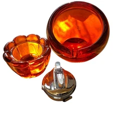 MCM Viking Glass Orange Persimmon Orb NESTING Ashtray and Scallop Table Lighter