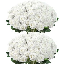 55Pcs White Roses Artificial Roses Bulk, Fake White Roses with Long Stems Rea...