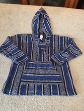 Oland Outdoors Baja Hoodie LARGE Blue Black White Striped Festival Drug Rug