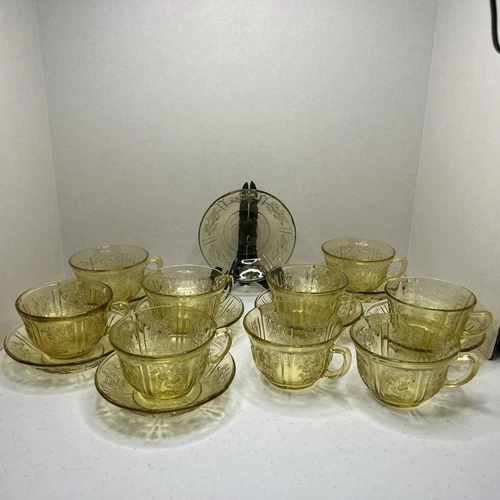 Vintage 8 Yellow Federal Depression Glass Cup Saucers Amber Cabbage Rose.