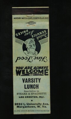 Varsity Lunch WVU Morgantown WV Vintage Matchbook