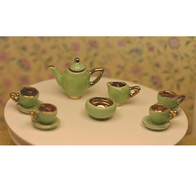Dollhouse Miniature Tea Set in Apple Green and Gold