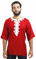 Moroccan Men Tunic Shirt Cafan Casual Handmade Embroidered Cotton Large Red